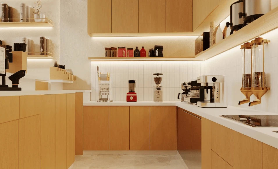 cafe interior design with barista counter coffee station and open shelving