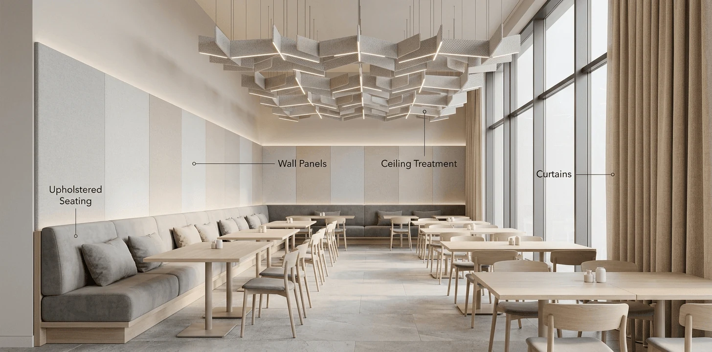 commercial interior design dubai restaurant with upholstered seating wall panels and ceiling treatment