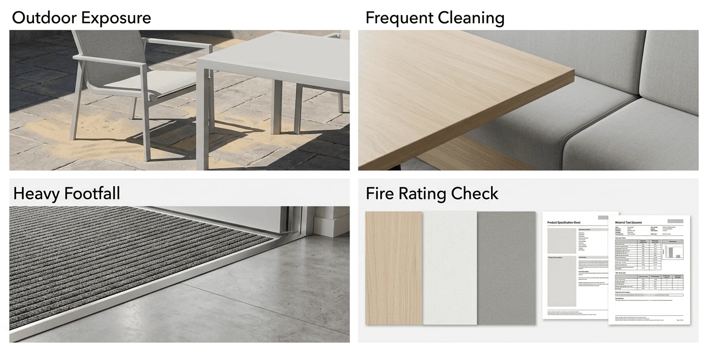 commercial interior design dubai materials chosen for outdoor exposure cleaning footfall and fire rating