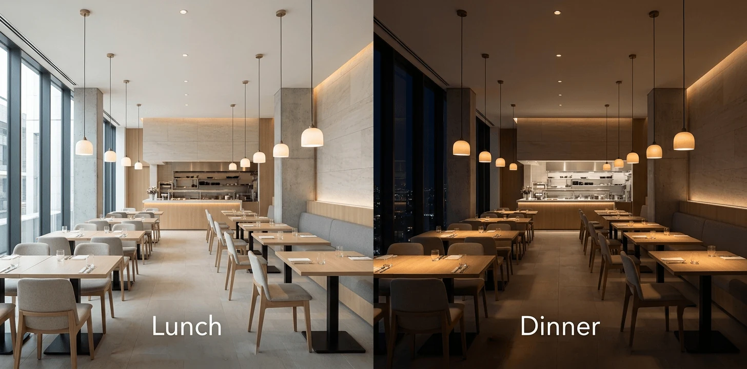 hospitality interior design dubai restaurant with layered lighting from lunch to dinner