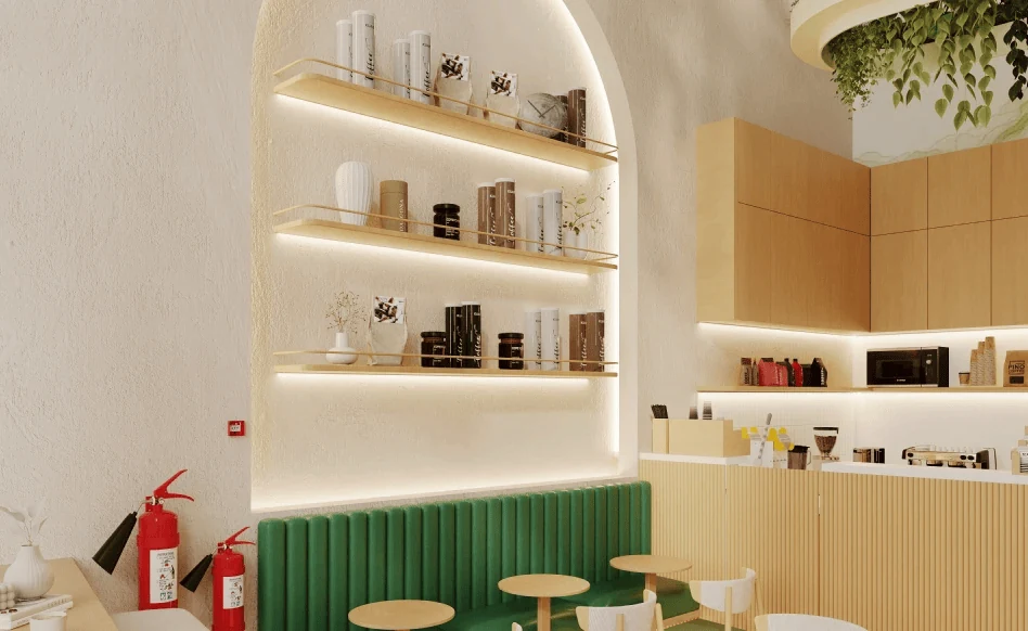 numo cafe interior design with natural wood shelving green banquette and soft lighting