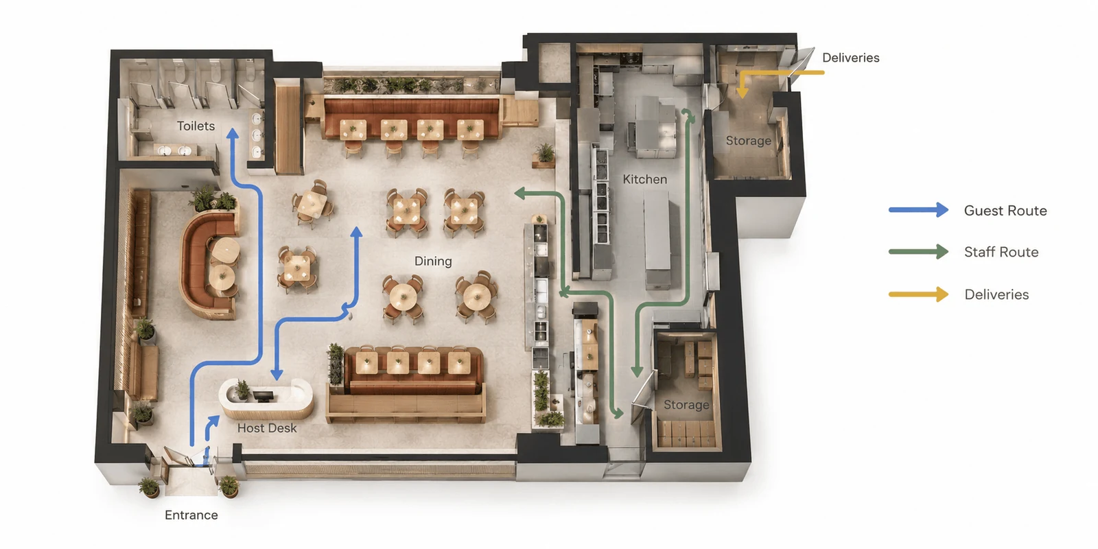 restaurant interior design dubai floor plan showing guest staff and delivery routes