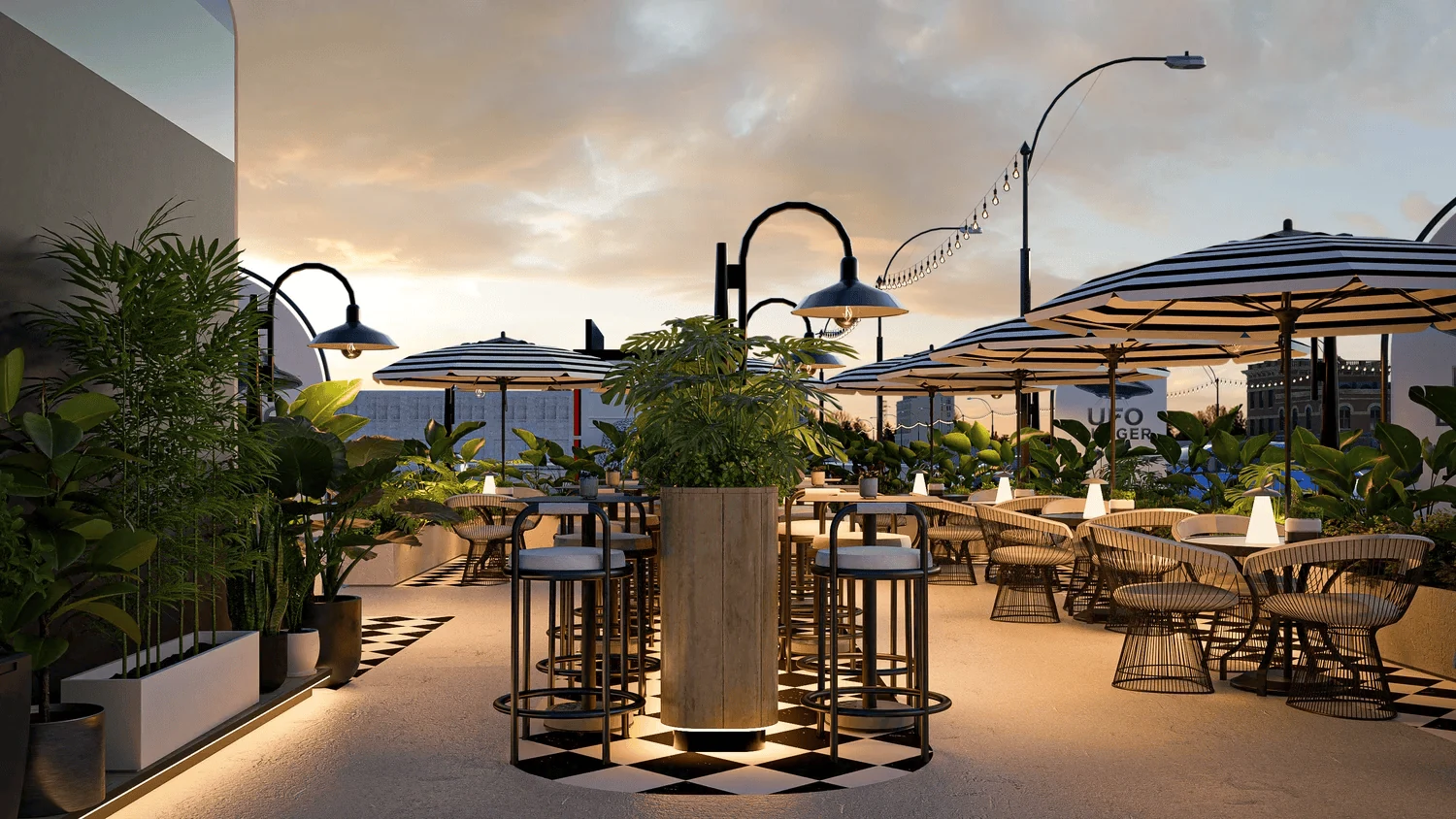 restaurant interior design dubai rooftop terrace with umbrellas plants and evening lighting
