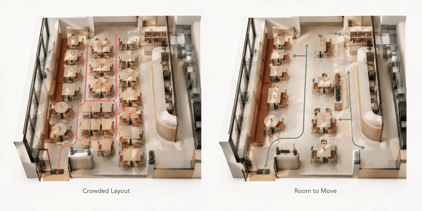 restaurant interior design dubai seating plan comparing a crowded layout with room to move